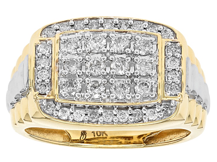 White Diamond 10K Yellow and White Gold Mens Cluster Ring 1.00ctw
