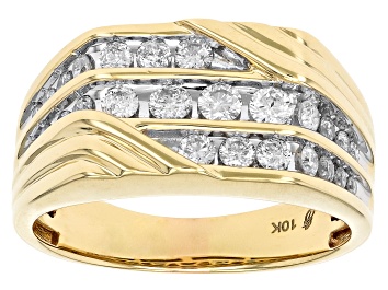 Picture of White Diamond 10k Yellow Gold Mens Multi-Row Ring 1.00ctw