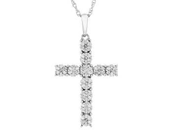 Picture of White Diamond Rhodium Over Sterling Silver Cross Pendant With 18" Rope Chain 0.50ctw