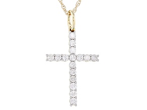 White Diamond 10k Yellow Gold Cross Pendant With 18" Rope Chain 0.55ctw
