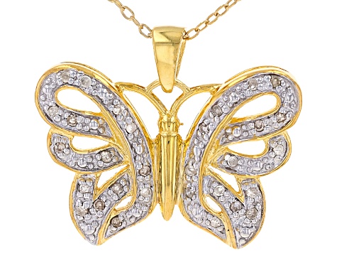 White Diamond 14k Yellow Gold Over Sterling Silver Butterfly Pendant With Cable Chain 0.20ctw