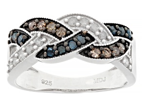Blue, Champagne And White Diamond Rhodium Over Sterling Silver Crossover Band Ring 0.50ctw