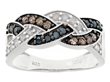 Picture of Blue, Champagne And White Diamond Rhodium Over Sterling Silver Crossover Band Ring 0.50ctw