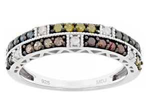 Multi-Color And White Diamond Rhodium Over Sterling Silver Band Ring 0.50ctw