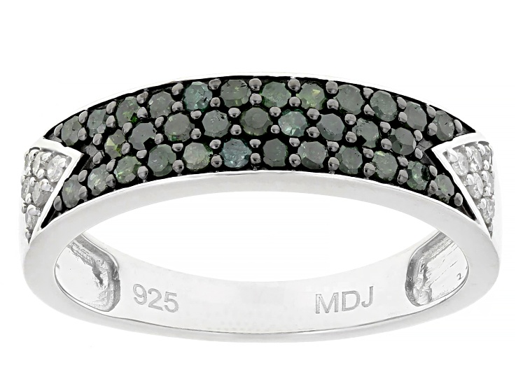 Green And White Diamond Rhodium Over Sterling Silver Band Ring 0.50ctw