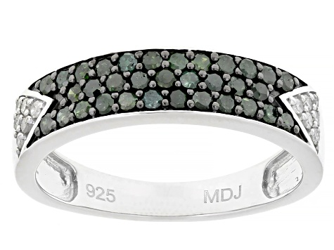 Green And White Diamond Rhodium Over Sterling Silver Band Ring 0.50ctw