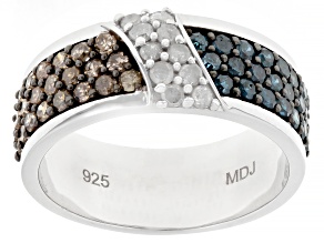 Champagne, Blue And White Diamond Rhodium Over Sterling Silver Band Ring 1.00ctw