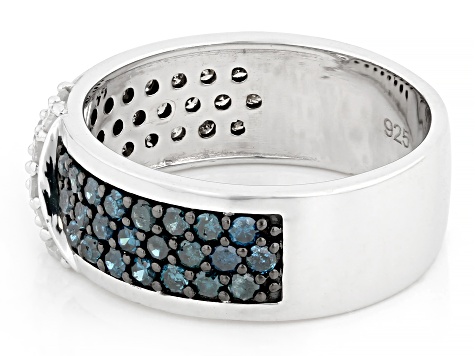 Champagne, Blue And White Diamond Rhodium Over Sterling Silver Band Ring 1.00ctw