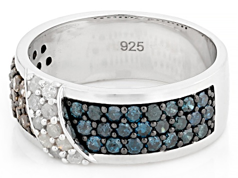 Champagne, Blue And White Diamond Rhodium Over Sterling Silver Band Ring 1.00ctw