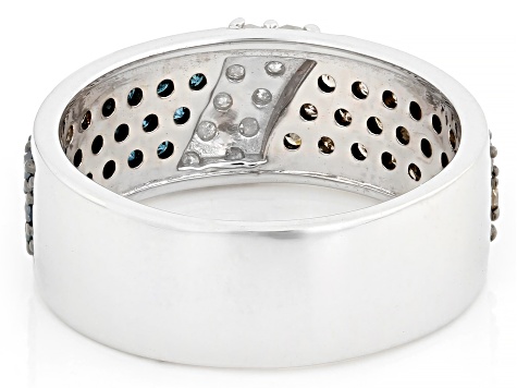 Champagne, Blue And White Diamond Rhodium Over Sterling Silver Band Ring 1.00ctw