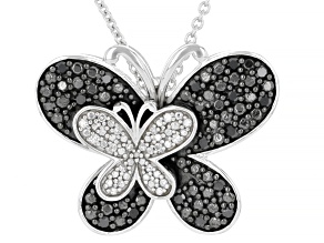 Black and White Diamond Rhodium Over Sterling Silver Butterfly Pendant with Cable Chain 0.20ctw