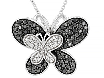Picture of Black and White Diamond Rhodium Over Sterling Silver Butterfly Pendant with Cable Chain 0.20ctw