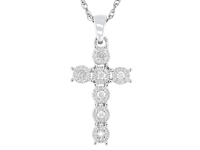 White Diamond Rhodium Over Sterling Silver Cross Pendant With 18" Rope Chain 0.10ctw