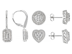 White Diamond Rhodium Over Sterling Silver Set Of 3 Pairs Of Earrings 0.23ctw