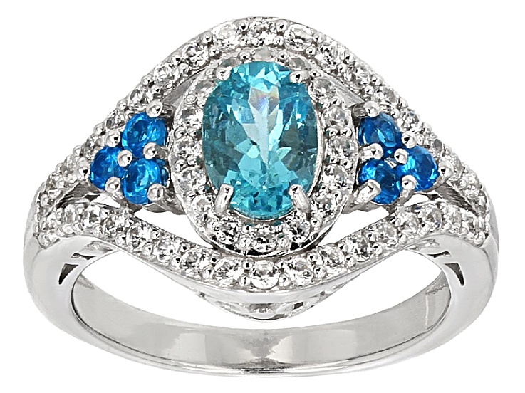 Blue Paraiba Color Apatite Rhodium Over Sterling Silver Ring 1.32ctw