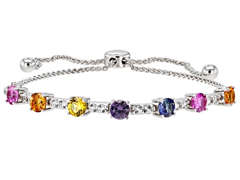 Multi-Color Lab Created Sapphire Rhodium Over Sterling Silver Bolo Bracelet. 2.72ctw