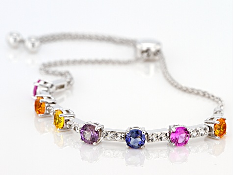 Multi-Color Lab Created Sapphire Rhodium Over Sterling Silver Bolo Bracelet. 2.72ctw