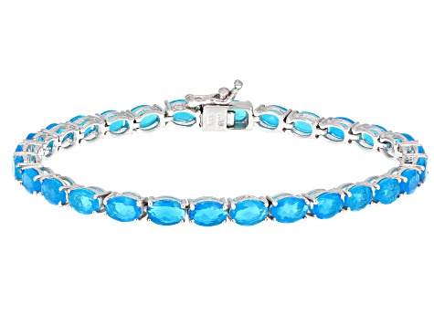 Blue Opal Rhodium Over Sterling Silver Tennis Bracelet 7.20ctw