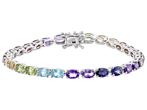 Multi-Color Multi Gemstone Platinum Over Sterling Silver Tennis Bracelet 12.41ctw