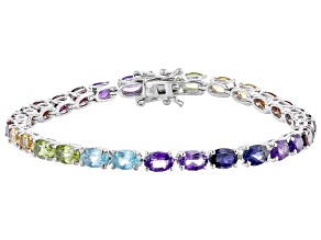 Multi-Color Multi Gemstone Platinum Over Sterling Silver Tennis Bracelet 12.41ctw