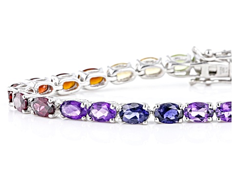 Multi-Color Multi Gemstone Platinum Over Sterling Silver Tennis Bracelet 12.41ctw