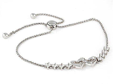 White Lab Created Sapphire Rhodium Over Sterling Silver Hearts Bolo Bracelet 0.61ctw