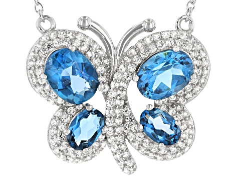 14K Yellow Gold Carved Blue Topaz Butterfly Pendant with Diamond Accent