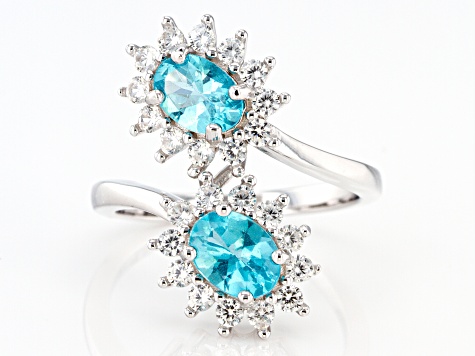 Blue Oval Apatite With White Zircon Rhodium Over Sterling Silver Bypass Ring 3.00ctw