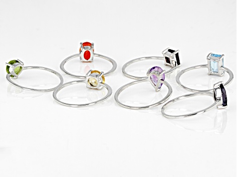 Multi Stone & Shape Rhodium Over Sterling Silver Set Of 7 Rings 5.48ctw