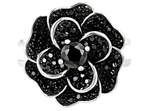 Black Spinel Rhodium Over Sterling Silver Flower Ring 1.10ctw