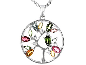 Multi-Tourmaline Rhodium Over Sterling Silver Tree Of Life Pendant With Chain 1.54ctw
