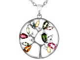 Multi Tourmaline Rhodium Over Sterling Silver Tree Of Life Pendant With Chain 1.54ctw