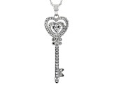 White Lab Created Sapphire Rhodium Over Sterling Silver Key Pendant With Chain. 0.92ctw