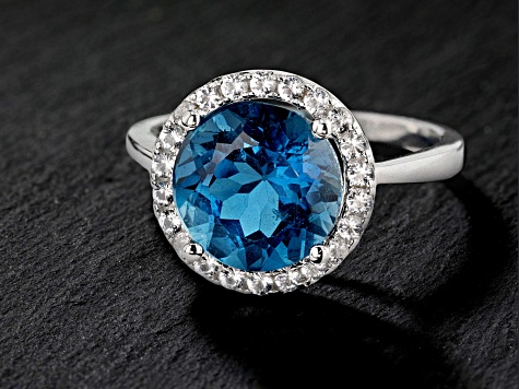 London Blue Topaz Rhodium Over Silver Halo Ring 3.80ctw