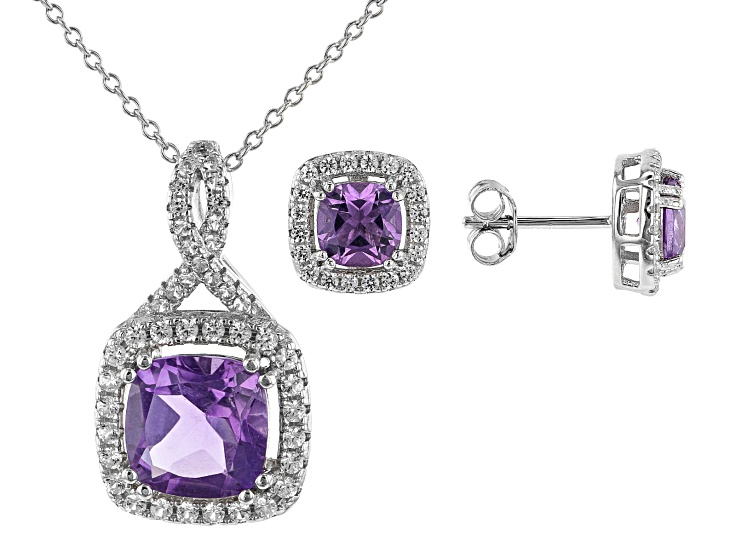 Purple Amethyst Rhodium Over Silver Pendant and Earring Set