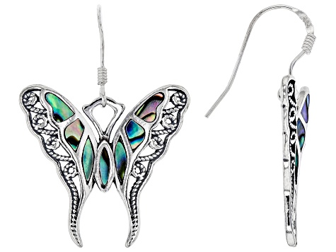 Multi Color Abalone Shell Rhodium Over Silver Butterfly Earrings