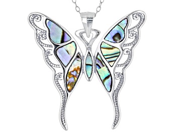Picture of Multi Color Abalone Shell Rhodium Over Silver Butterfly Pendant With Chain