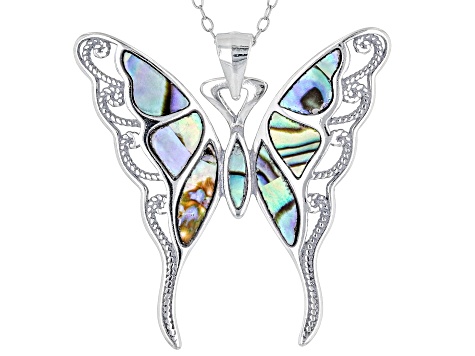 Multi Color Abalone Shell Rhodium Over Silver Butterfly Pendant With Chain
