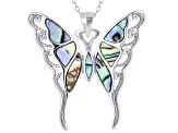 Multi Color Abalone Shell Rhodium Over Silver Butterfly Pendant With Chain