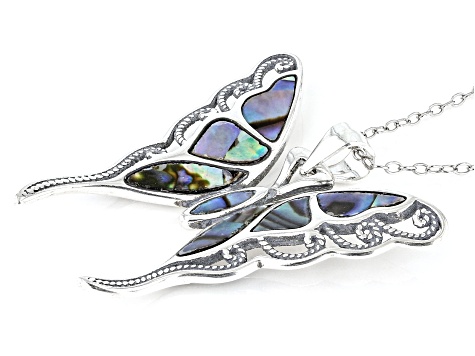 Multi Color Abalone Shell Rhodium Over Silver Butterfly Pendant With Chain