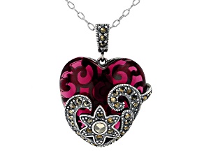 Imitation Red Simulant With Marcasite Sterling Silver Over Bronze Pendant With Chain