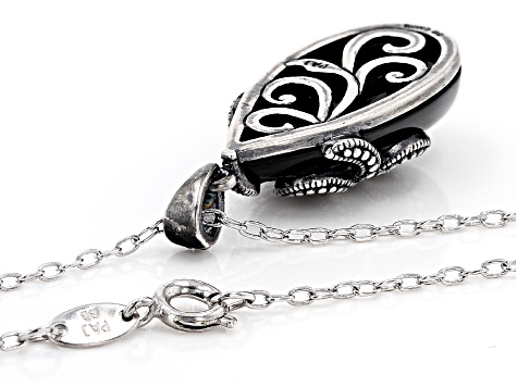 Black Agate Sterling Silver Over Bronze Pendant With Chain