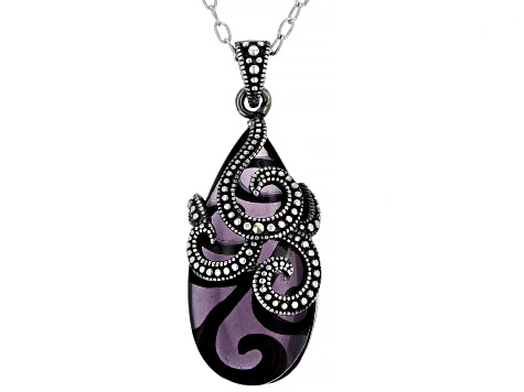 Purple Amethyst Simulant With Marcasite Sterling Silver Over Bronze Pendant With Chain