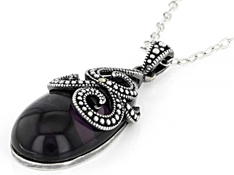 Purple Amethyst Simulant With Marcasite Sterling Silver Over Bronze Pendant With Chain