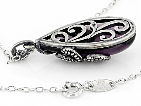 Purple Amethyst Simulant With Marcasite Sterling Silver Over Bronze Pendant With Chain