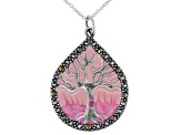 Gray Marcasite With Pink Epoxy Coloring Rhodium Over Sterling Silver Pendant With Chain 33mm x 24mm