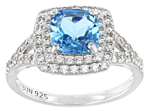 FB Jewels Solid Sterling Silver Rhodium Checker-Cut Light Swiss Blue Topaz & Diamond Ring