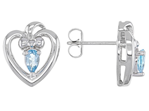 Sterling Silver Rhodium Heart Swiss Blue Topaz and Diamond Post Earrings Heart/Love 