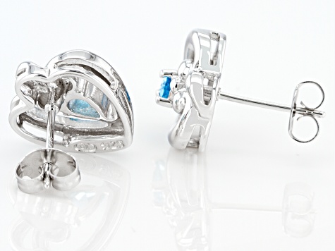 Sterling Silver Rhodium Heart Swiss Blue Topaz and Diamond Post Earrings Heart/Love