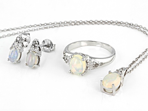 Ethiopian Opal With Round White Diamond Accent Rhodium Over Sterling Silver Jewelry Set 2.53ctw